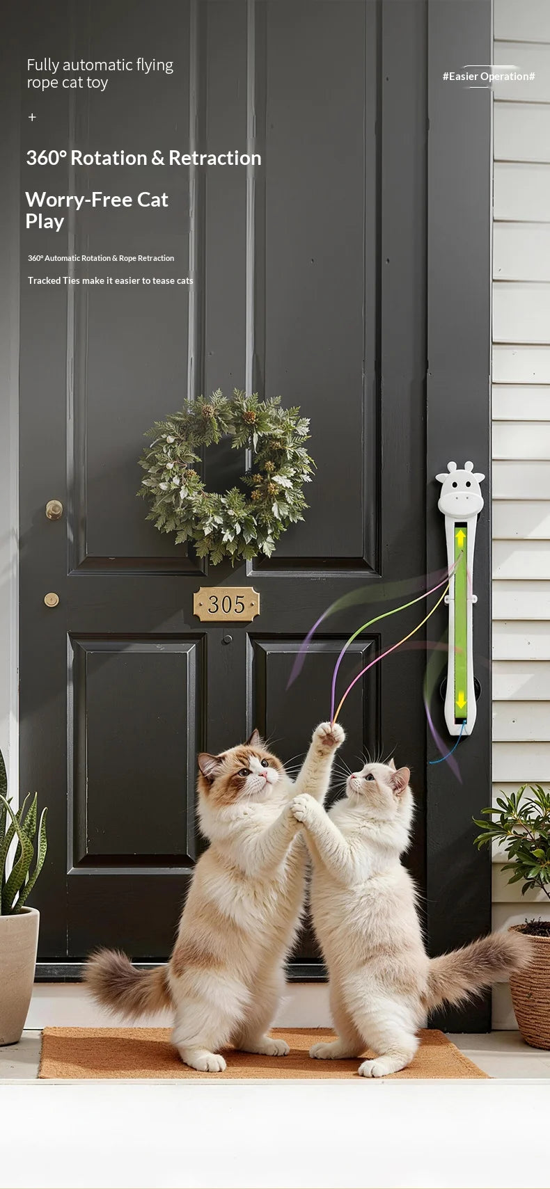 Automatic Interactive Cat Toy, Wall Mounted Cat Teaser Wand with Moving Rope, Indoor Kitten Exercise Toy for Bored Cats