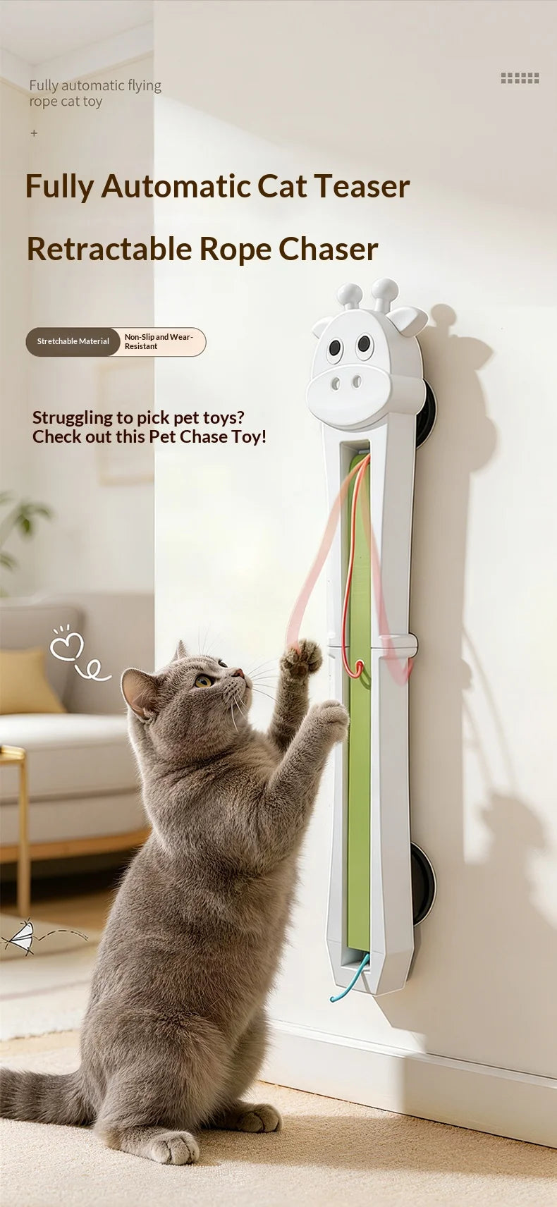 Automatic Interactive Cat Toy, Wall Mounted Cat Teaser Wand with Moving Rope, Indoor Kitten Exercise Toy for Bored Cats