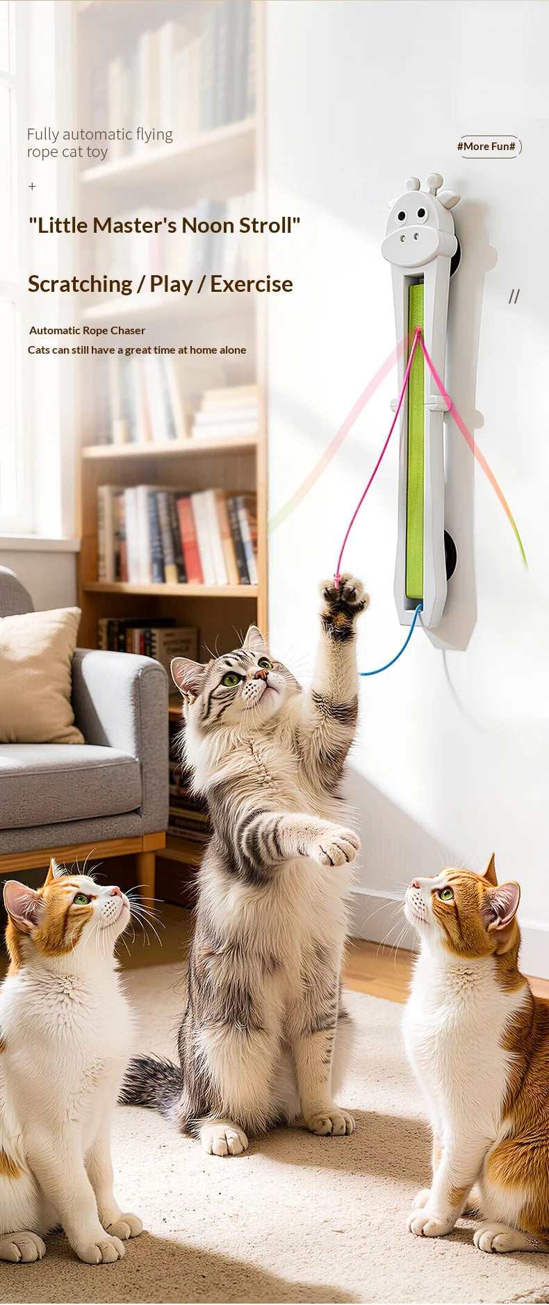 Automatic Interactive Cat Toy, Wall Mounted Cat Teaser Wand with Moving Rope, Indoor Kitten Exercise Toy for Bored Cats